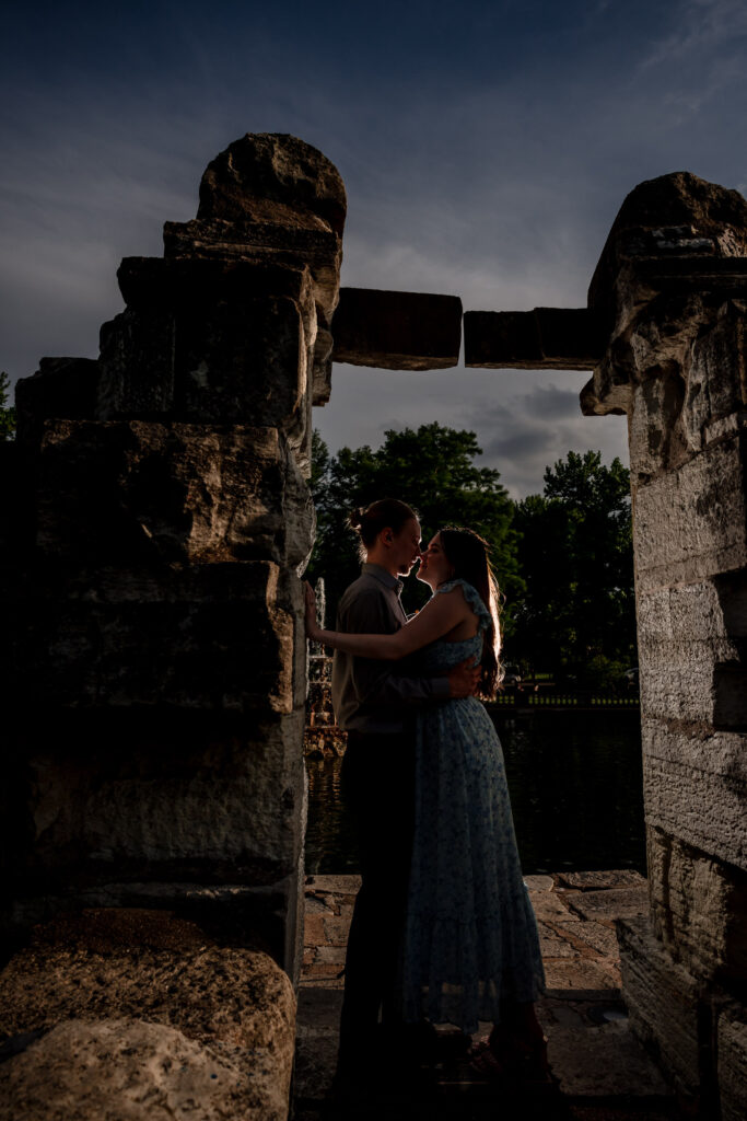 Tower Grove Park Engagement Session back lit lighting at the ruins