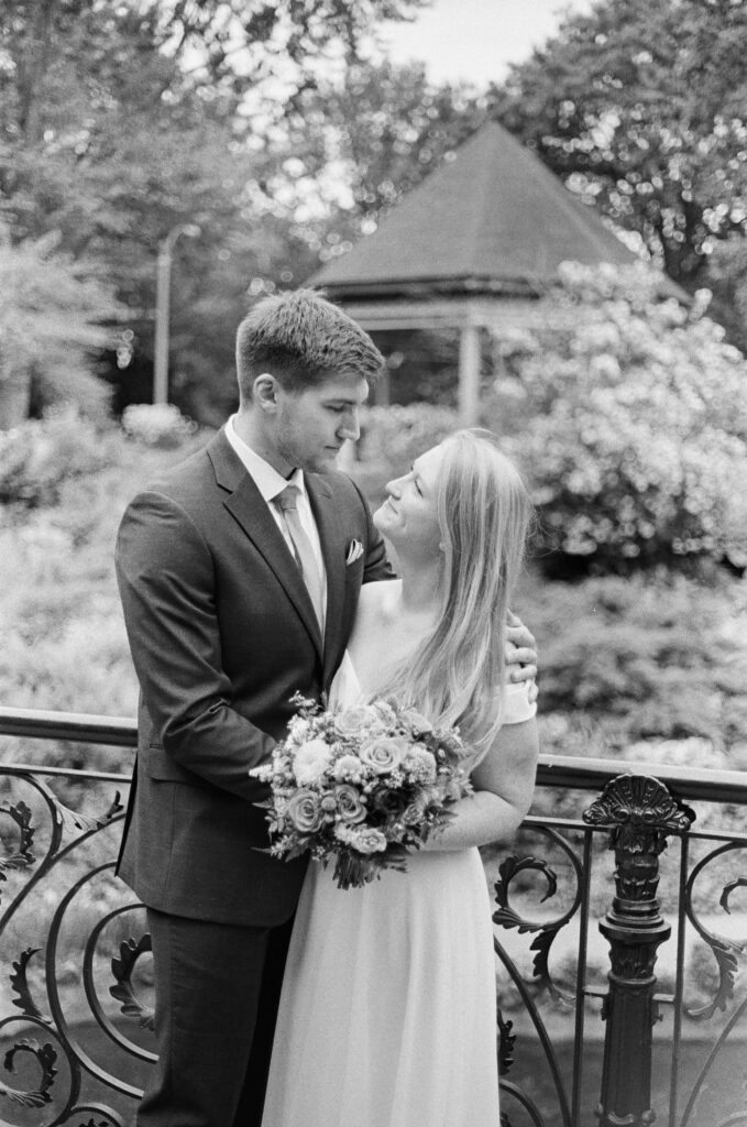 Black and White film Photo of bride and groom